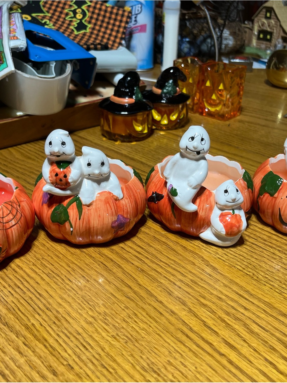 Halloween Ceramic Pumpkin Treat Candle Cup with Ghost Accents - Orange